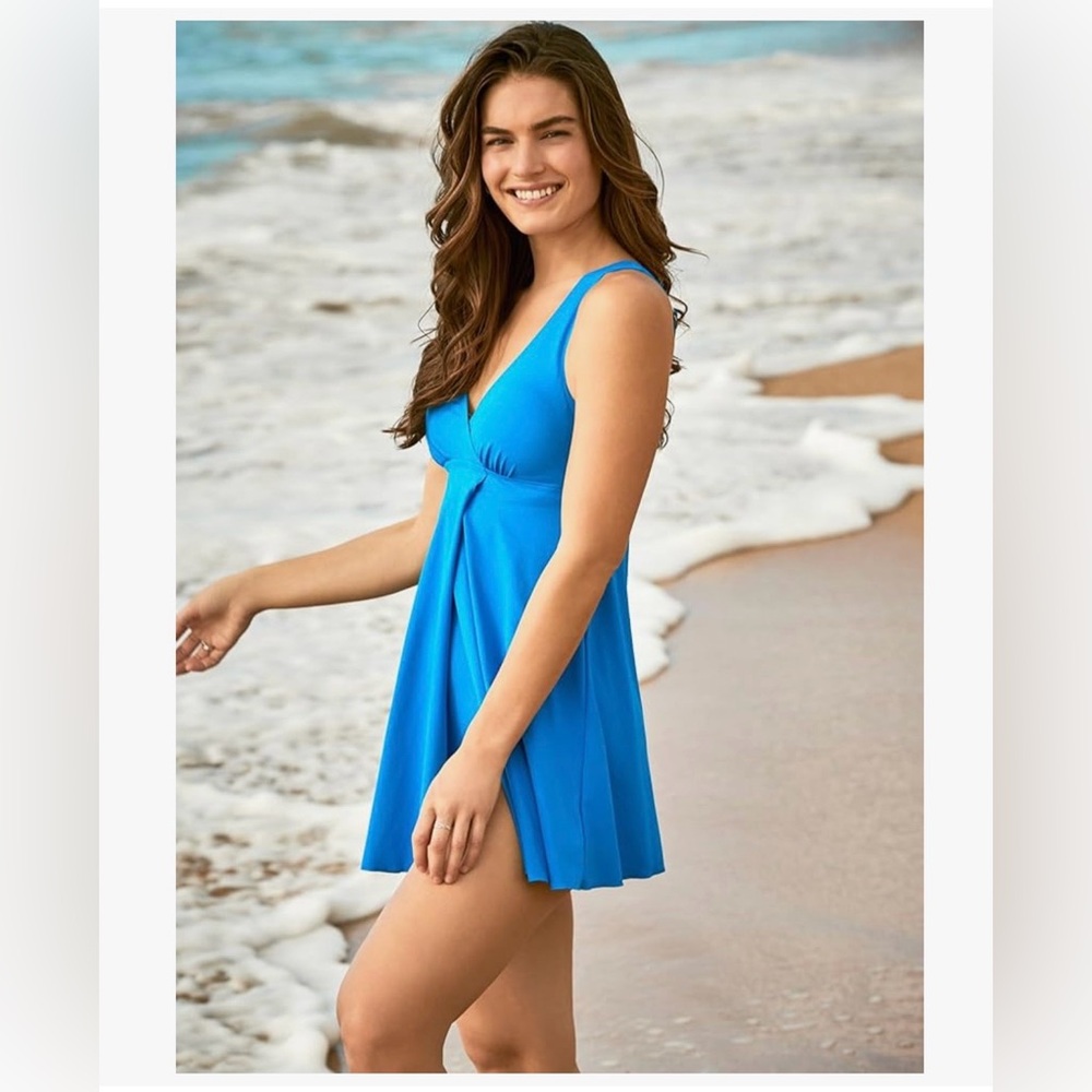 Swimsuits For All Women's Plus Size Surplice Swim Dress Azzure Blue sz 14